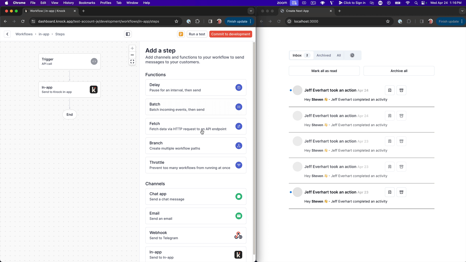 Sending and receiving a real-time toast