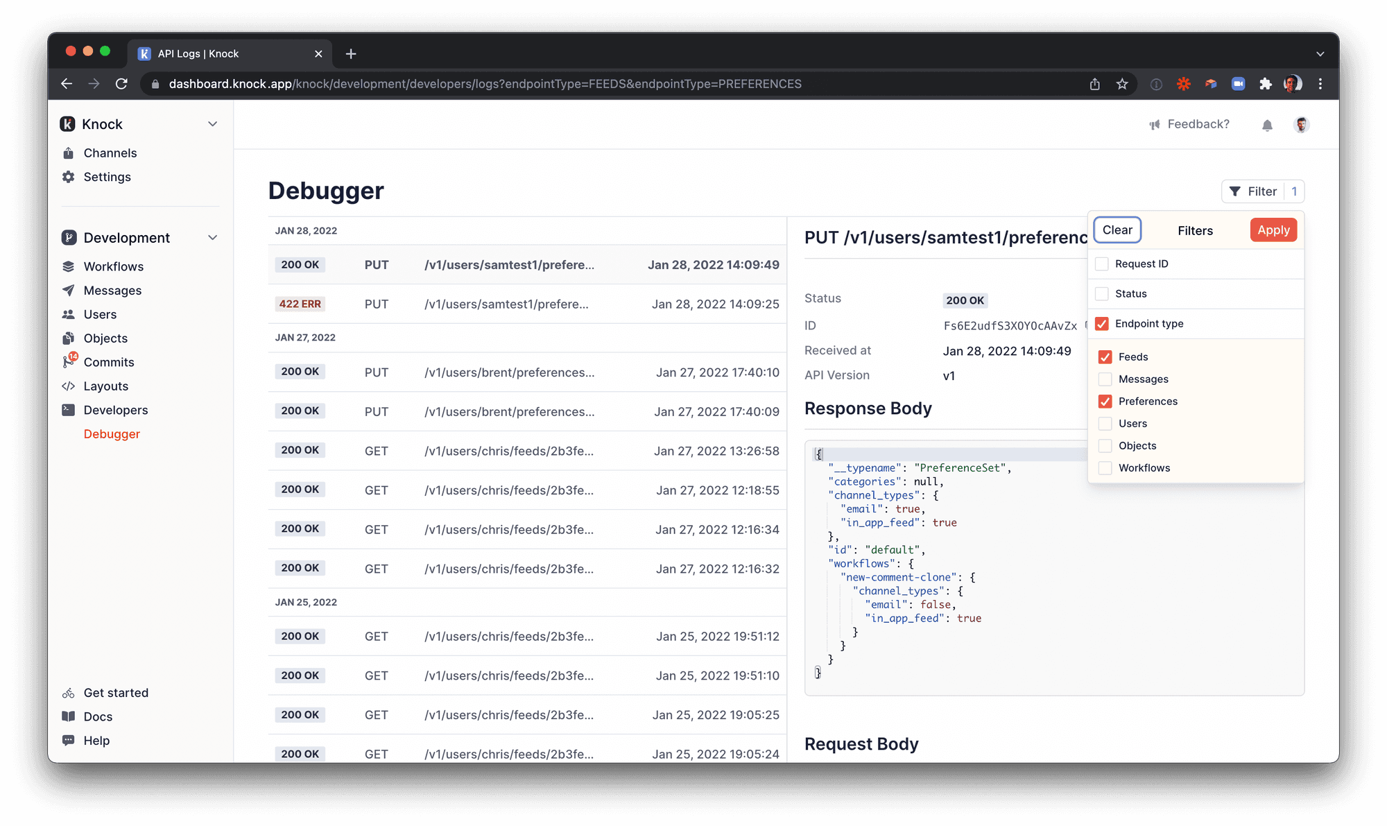 Screenshot of the Knock dashboard, showing options to filter through an account’s API logs.