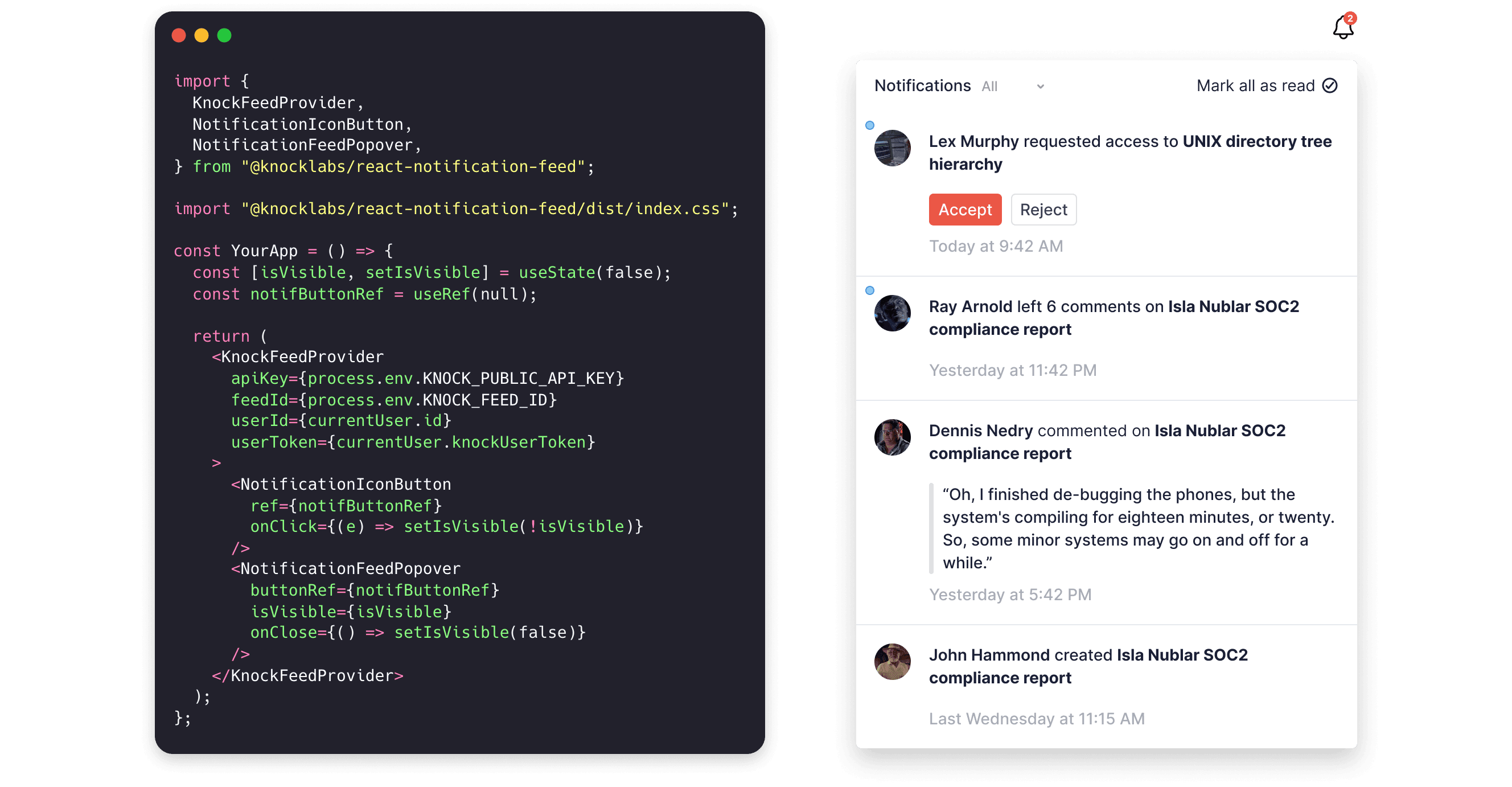 The Knock notification feed component and the code that powers it.