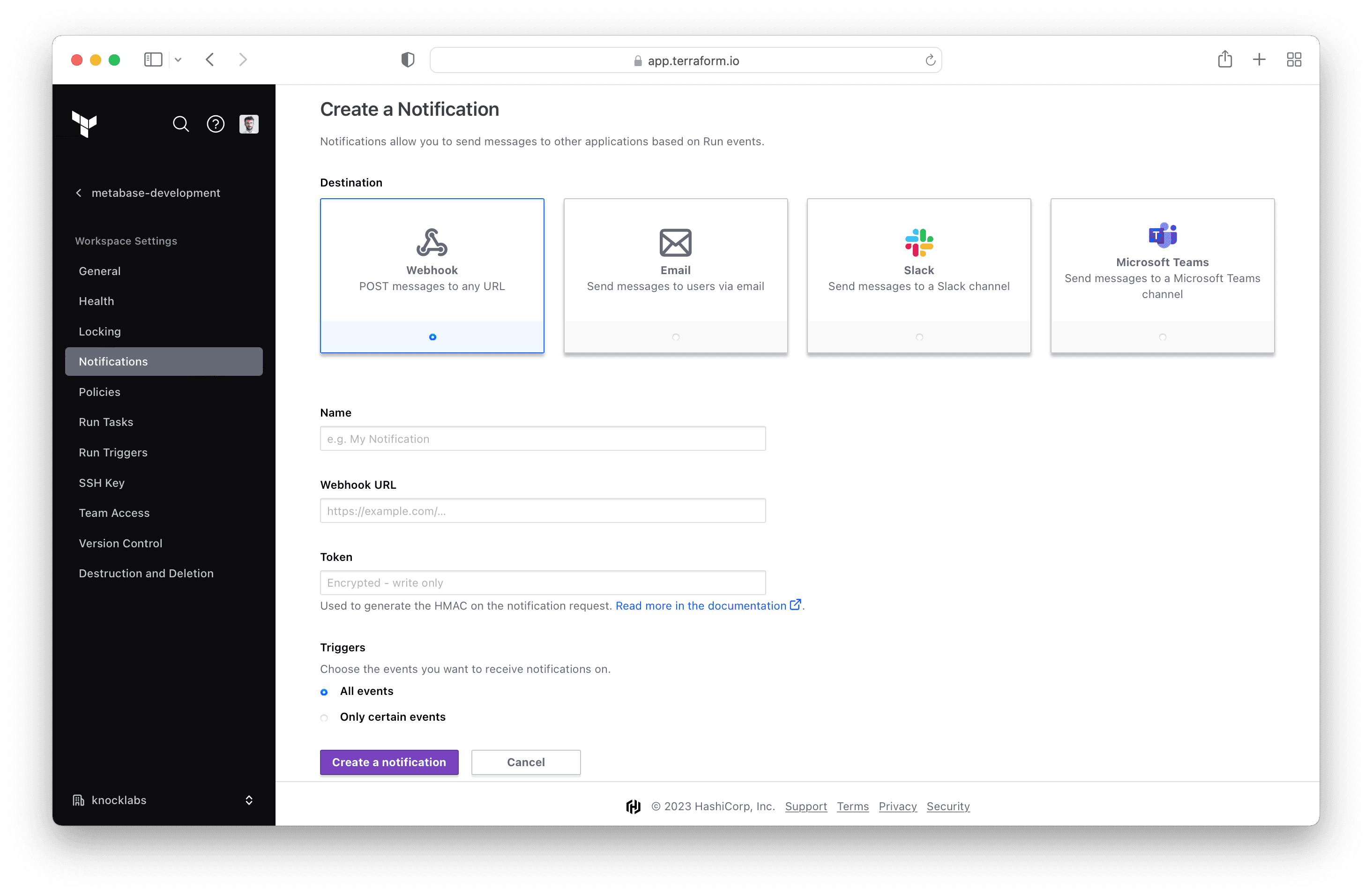 Webhook configuration in Terraform