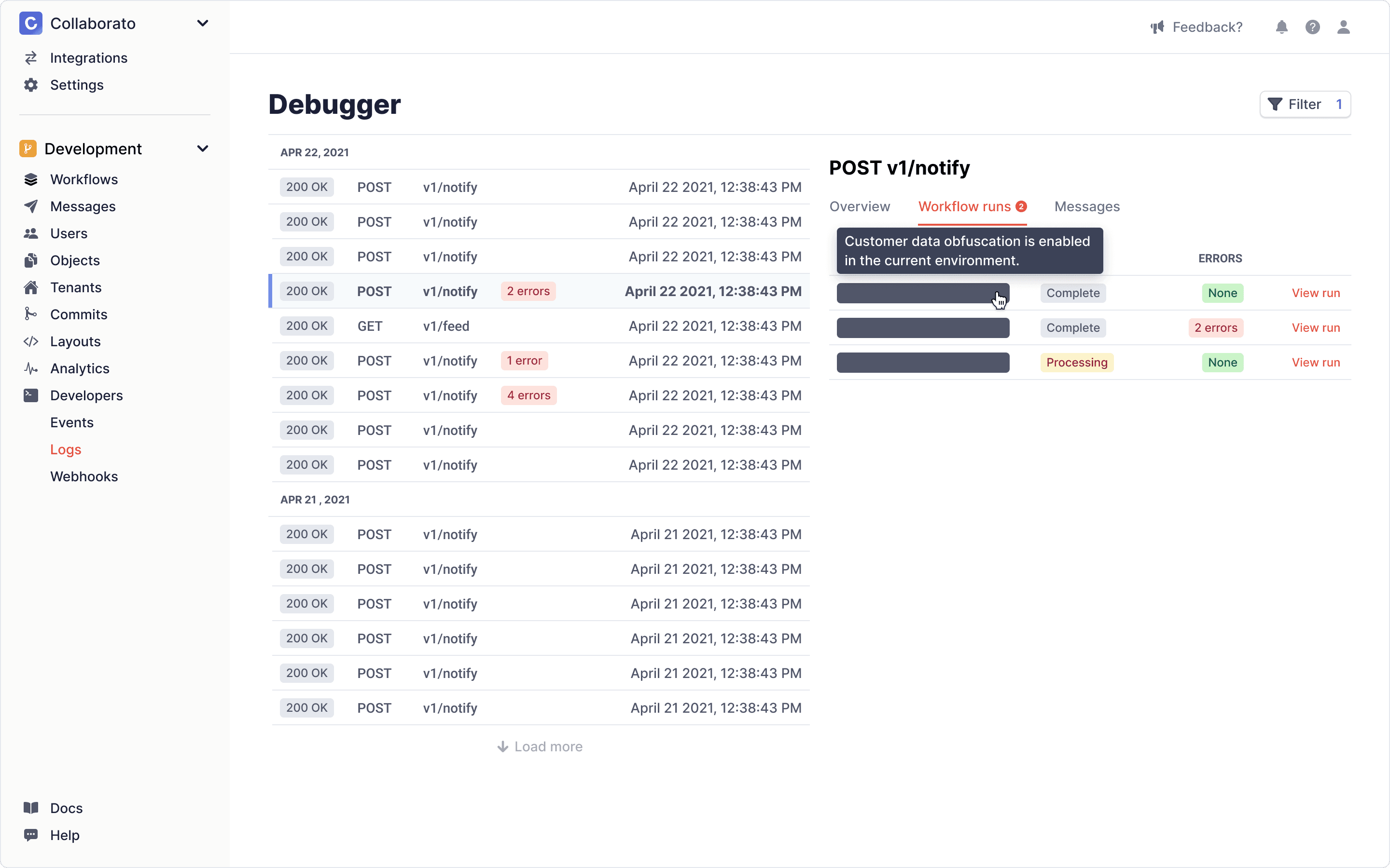 An environment with data obfuscation enabled in Knock