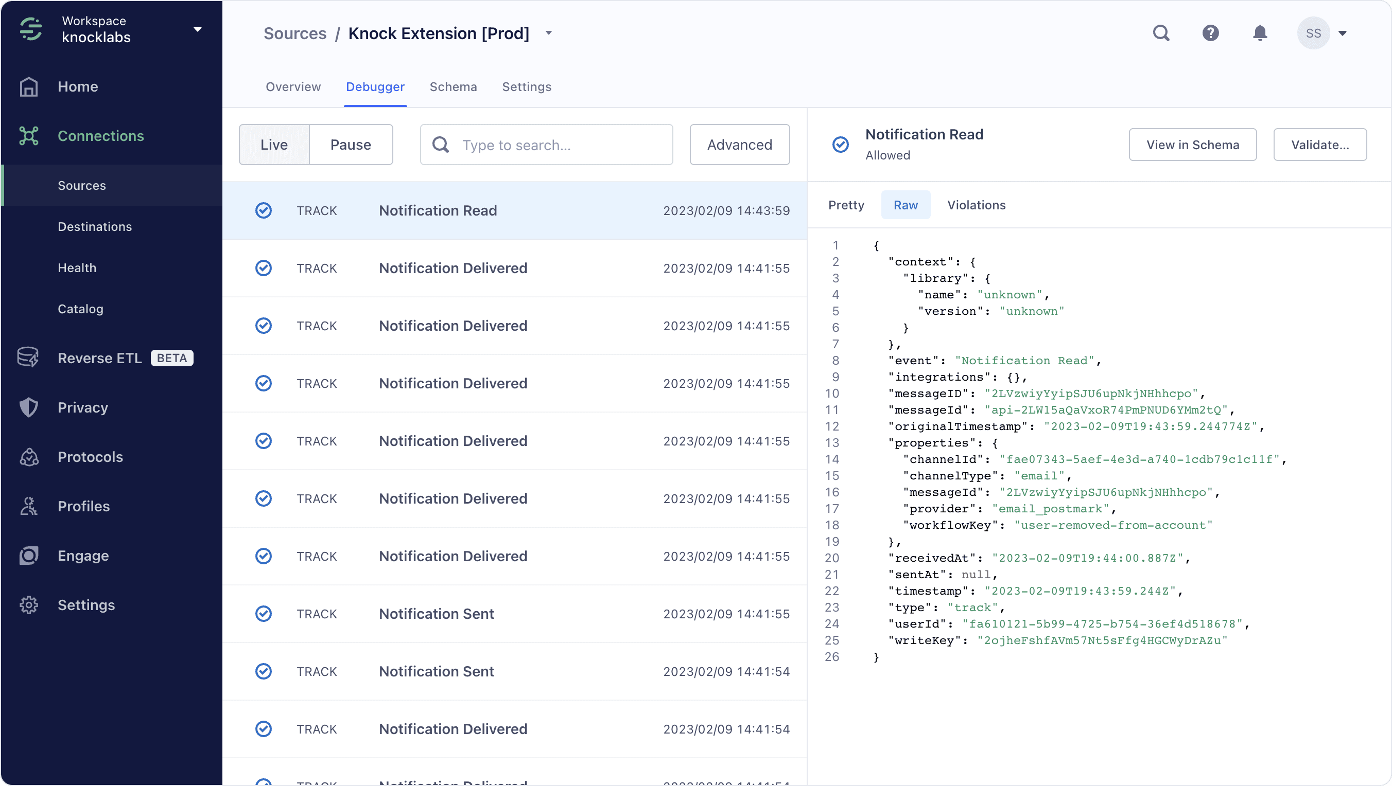 Knock notification data streaming into Segment