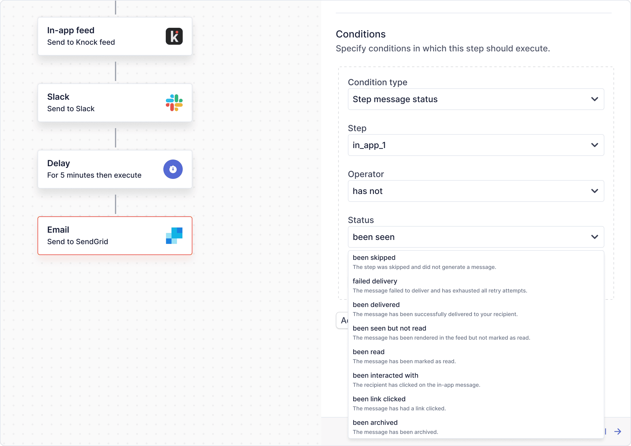 Building status aware messaging workflows in Knock.