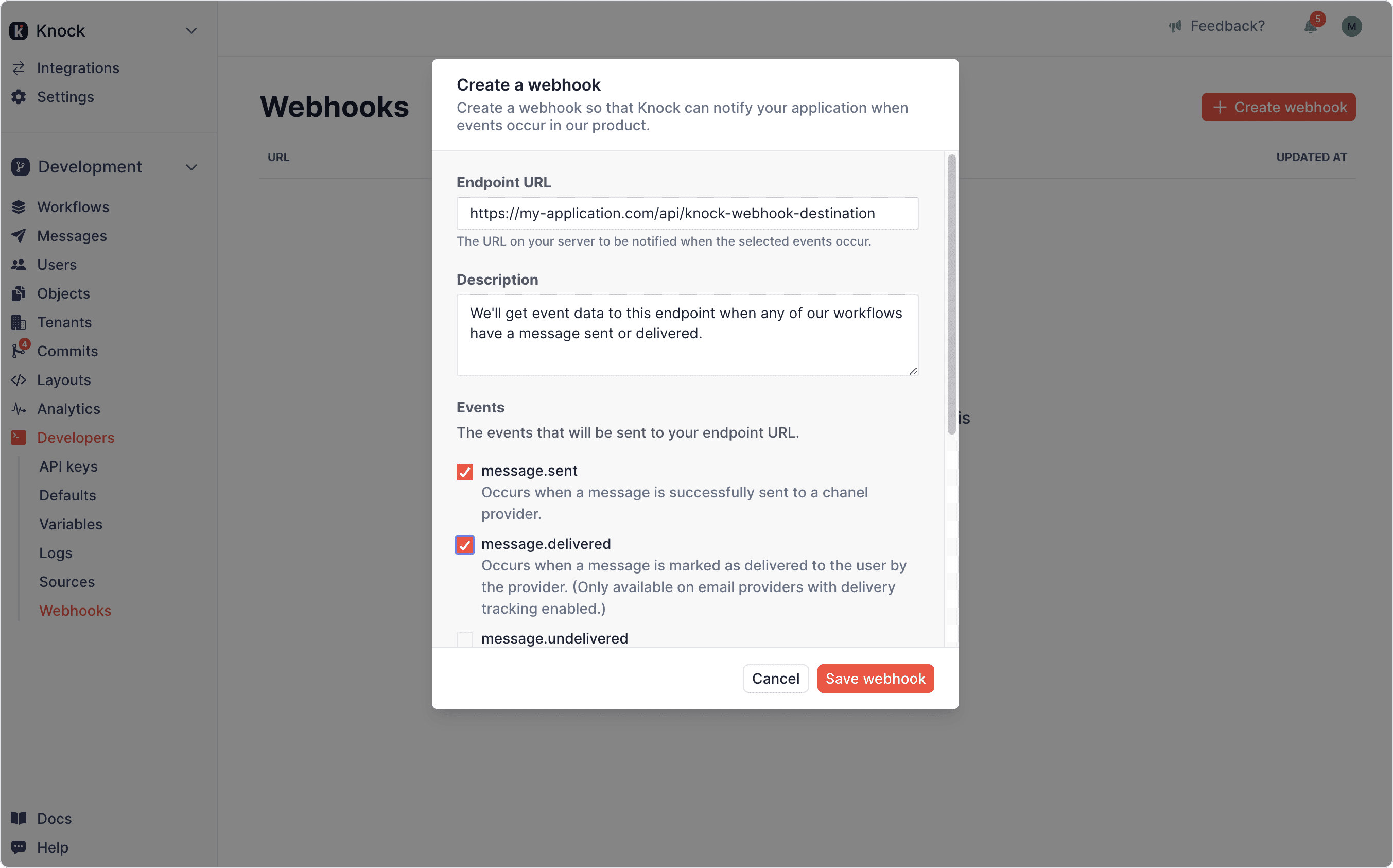 Webhooks configuration in the Knock dashboard