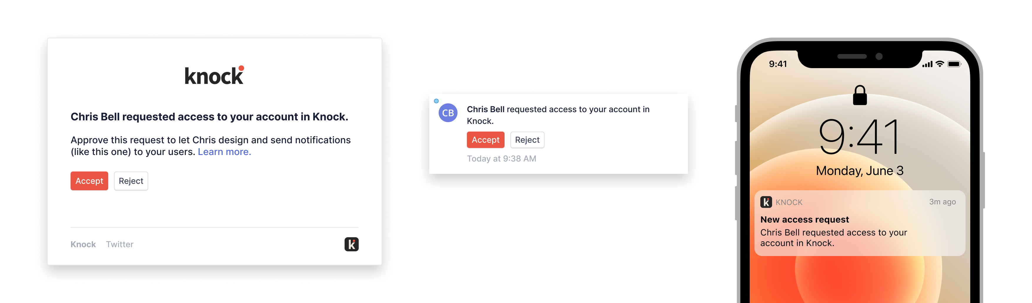 Three visual examples of request access notifications, including an email, an in-app feed message, and a push notification.