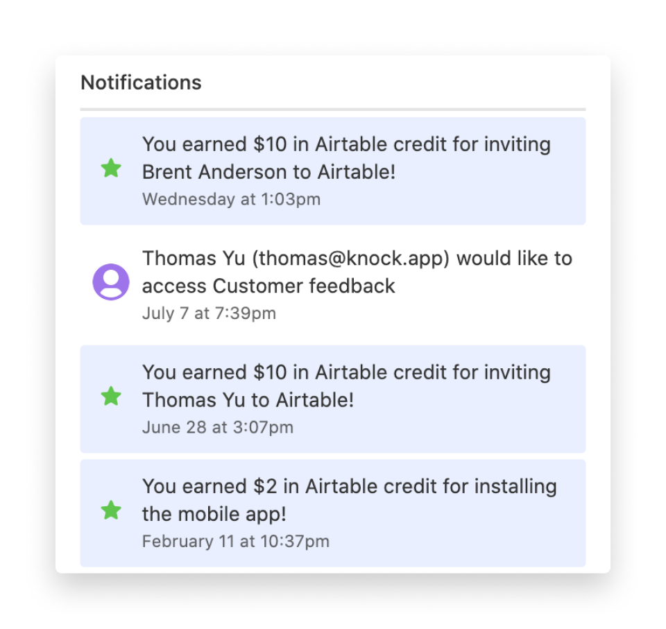 A visual example of Airtable's notifications feed, where you can see invite credits being gifted to the sender.