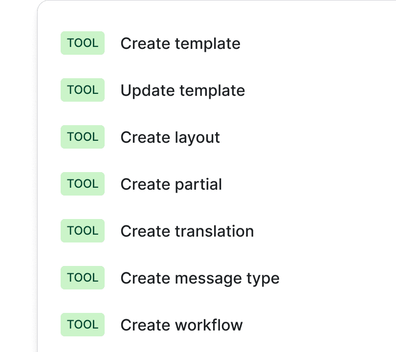 Pre-built tools and prompts automate template execution.