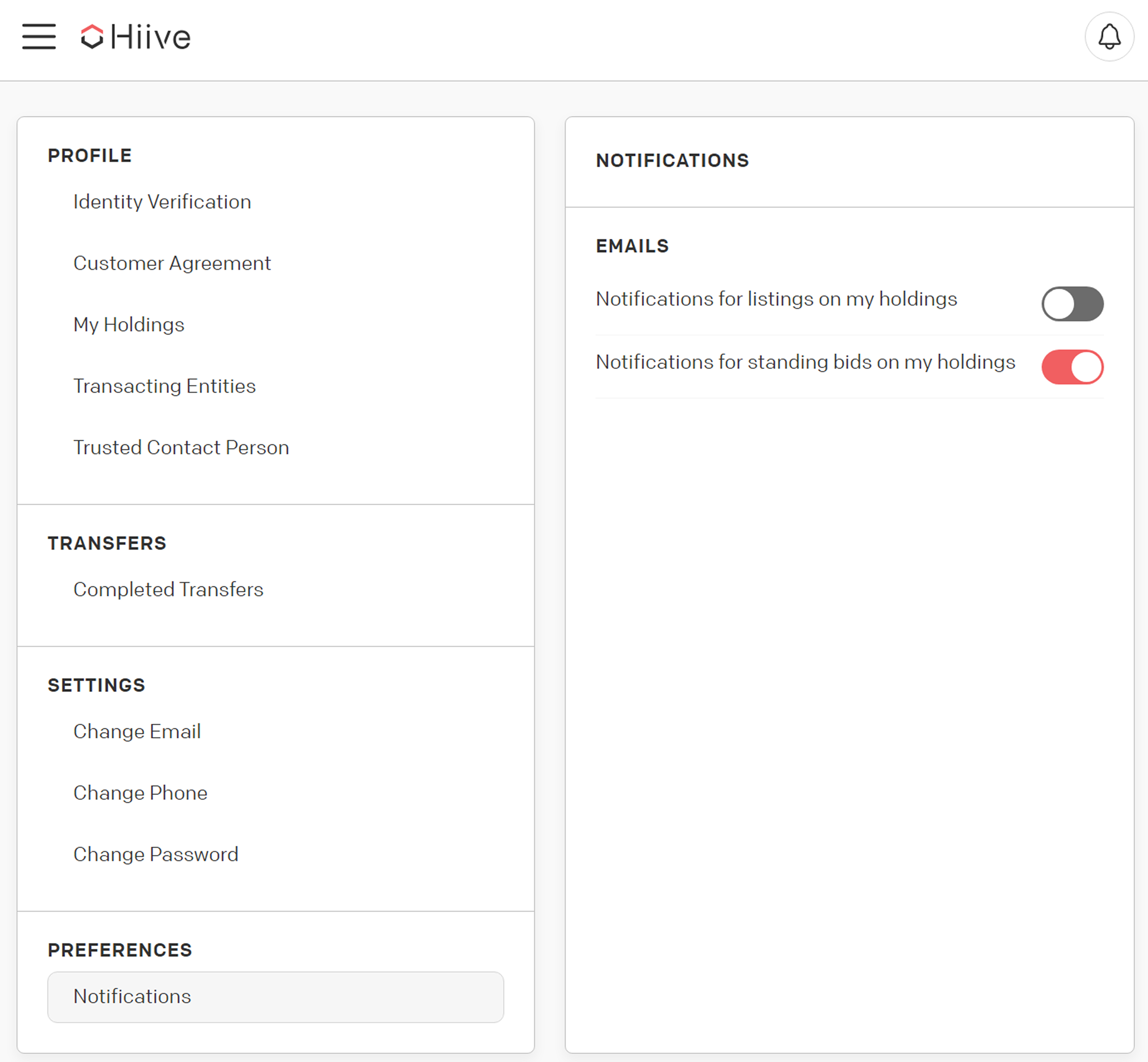 Hiive's notification preference center
