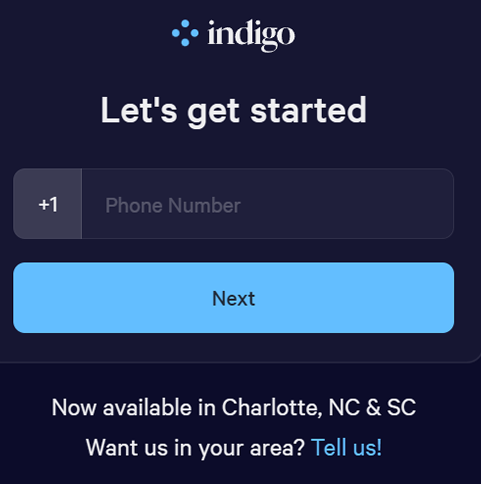 Indigo's registration form