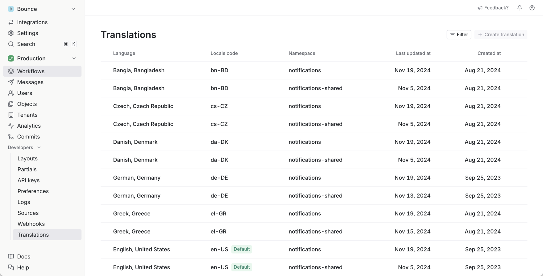 Knock's translations management dashboard