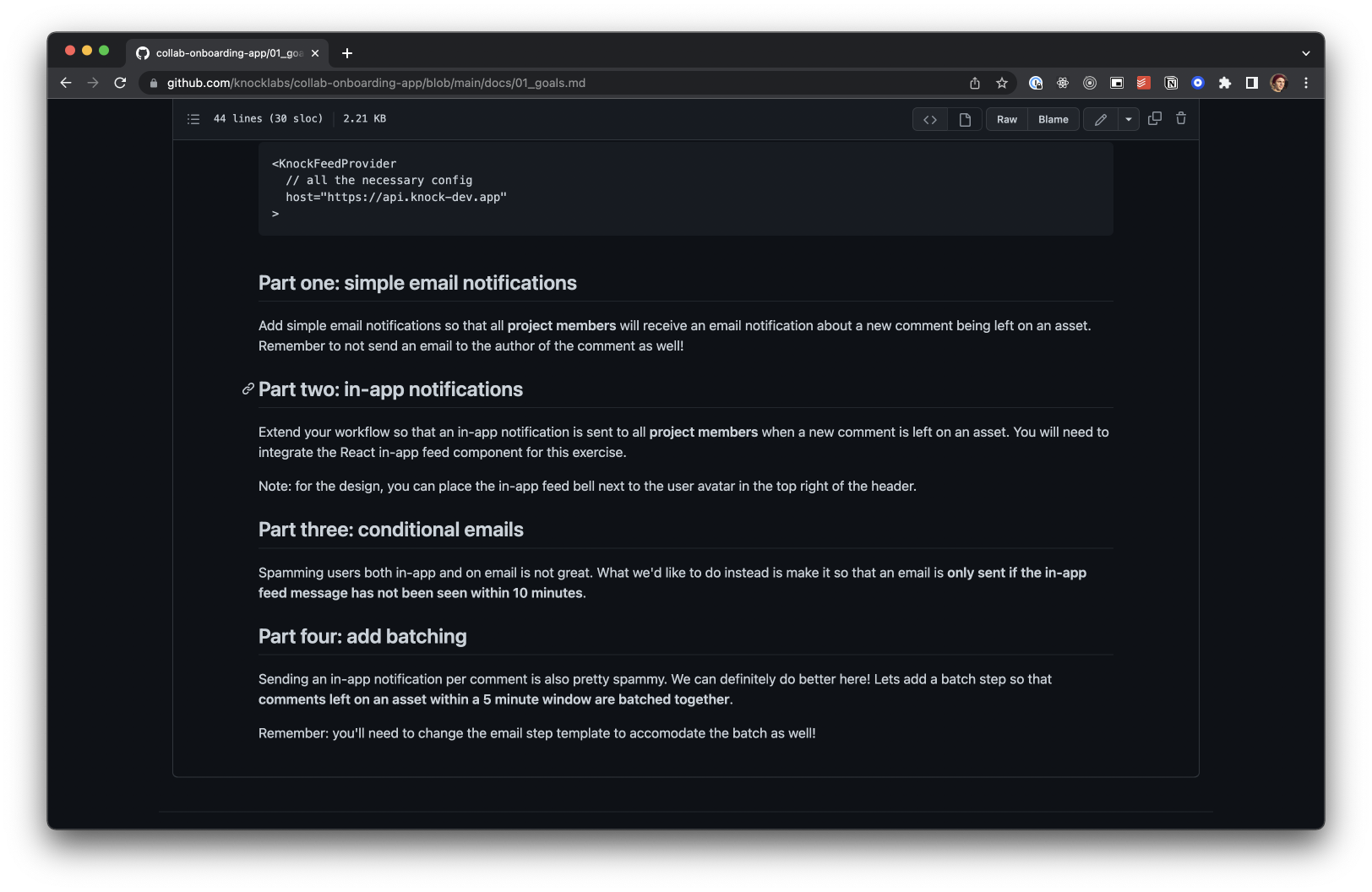 A sample from the documentation within the onboarding project, showing the tasks to be completed