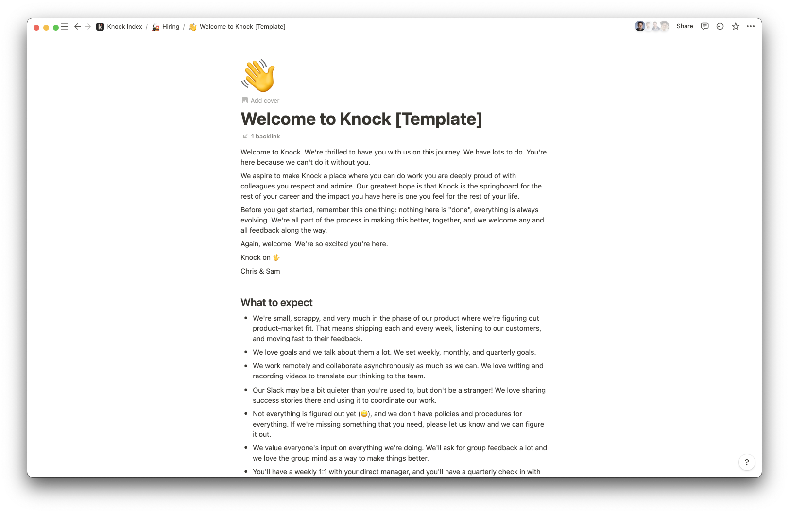A screenshot of our welcome to Knock document template
