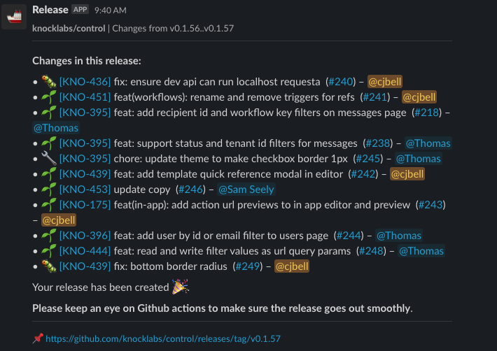 A screenshot of a changelog generated from running our Release app in Slack