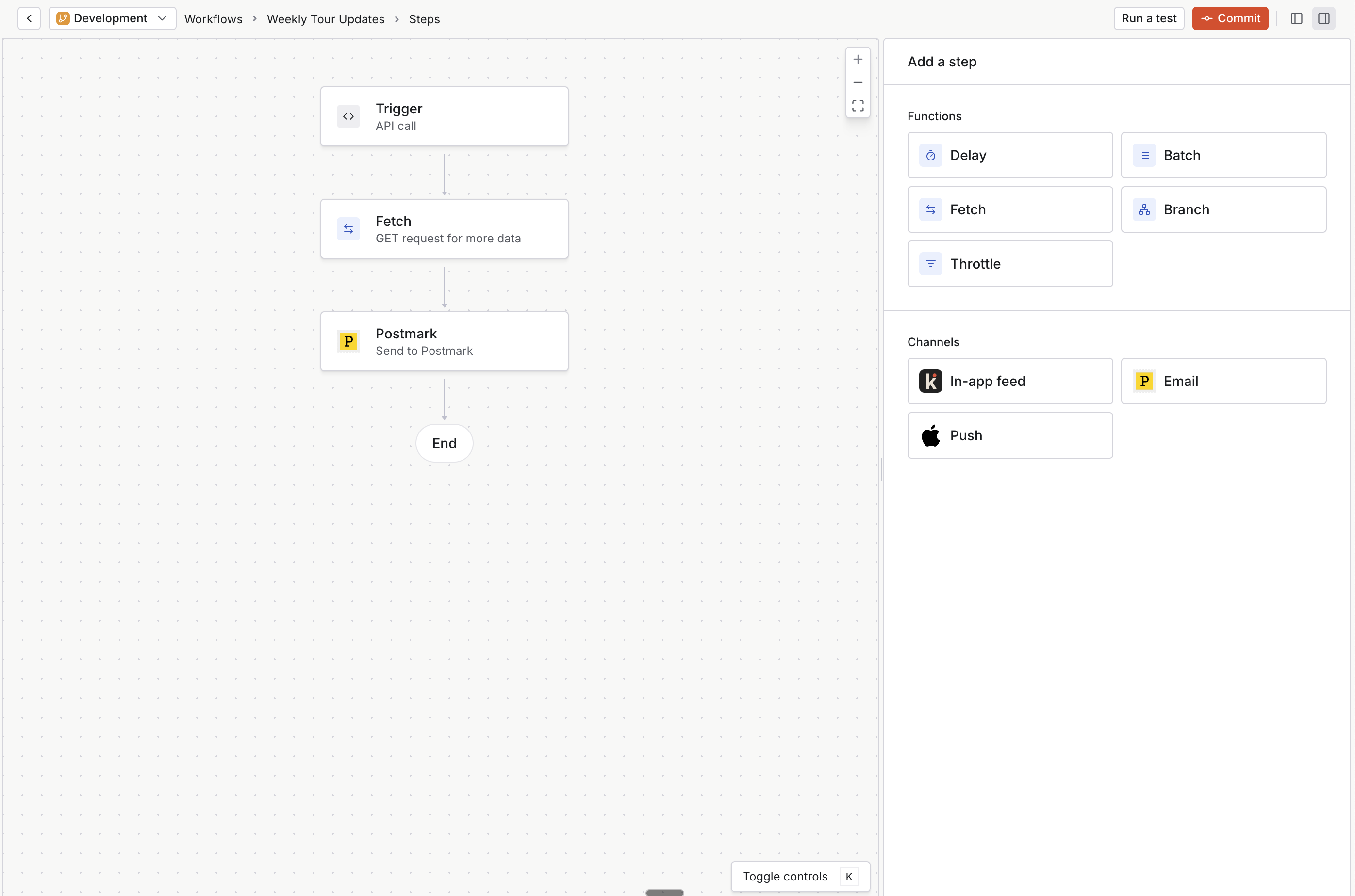 A workflow diagram showing how to send weekly tour updates to users.