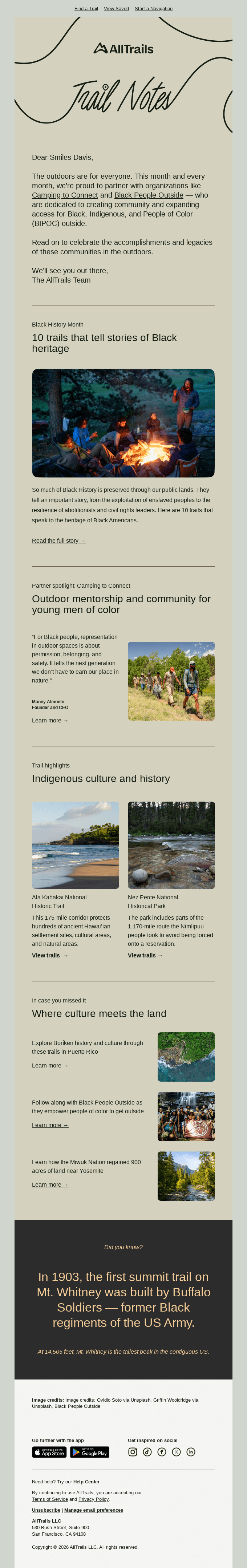 An example newsletter from AllTrails