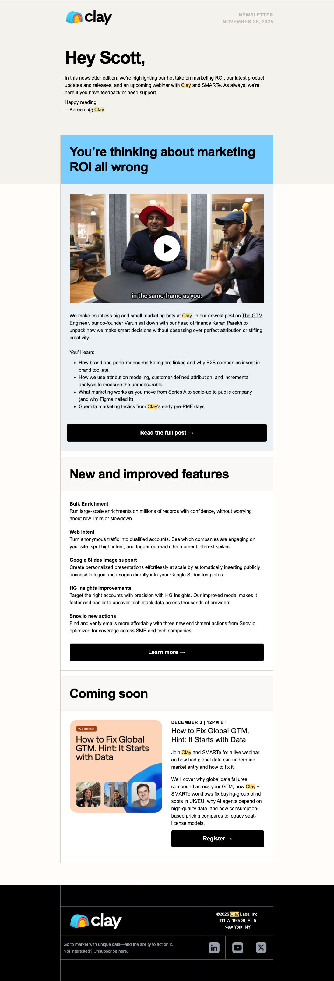 An example newsletter from Clay with community content