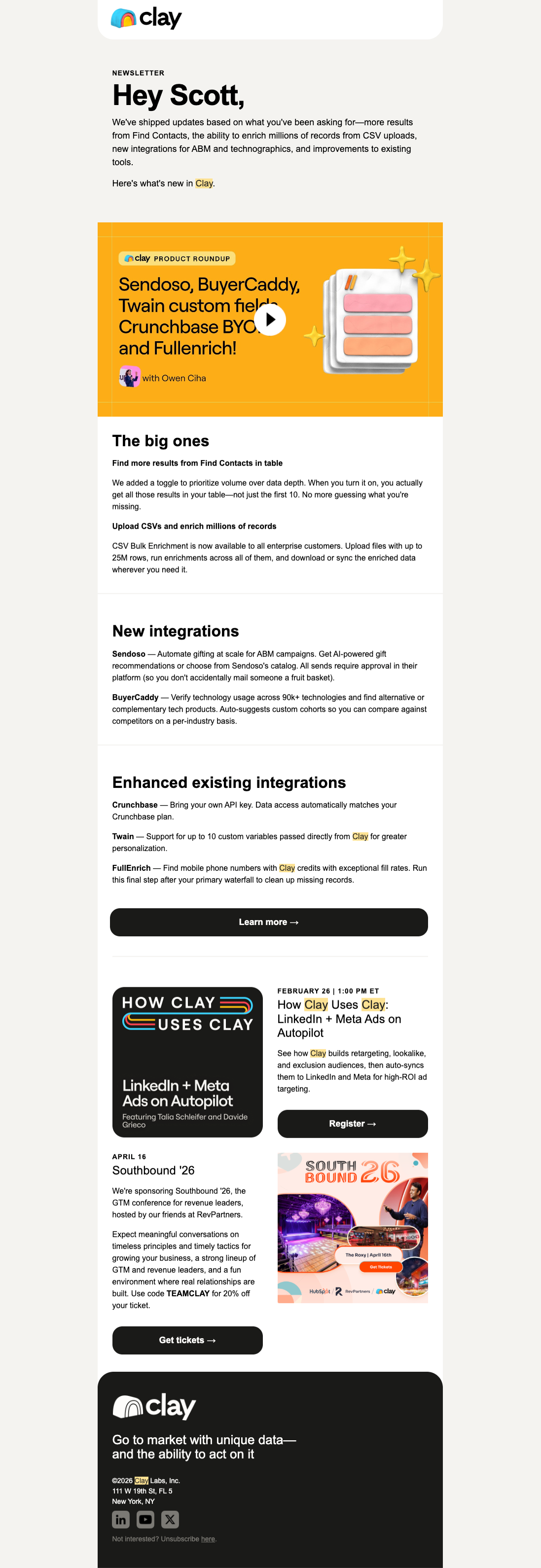 An example newsletter from Clay (product newsletter)