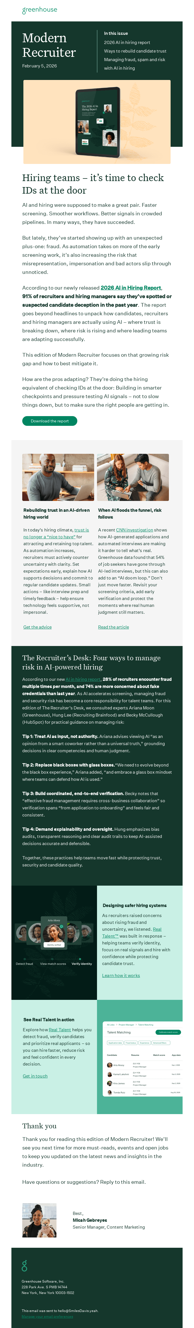 An example newsletter from Greenhouse