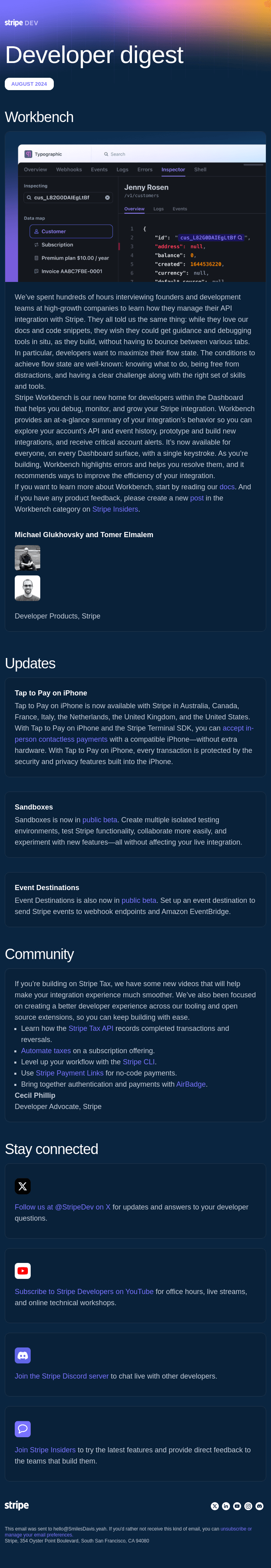 An example newsletter from Stripe