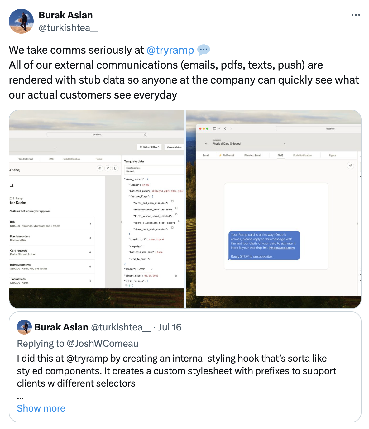 Tweet of customer communications rendered through templates with stub data