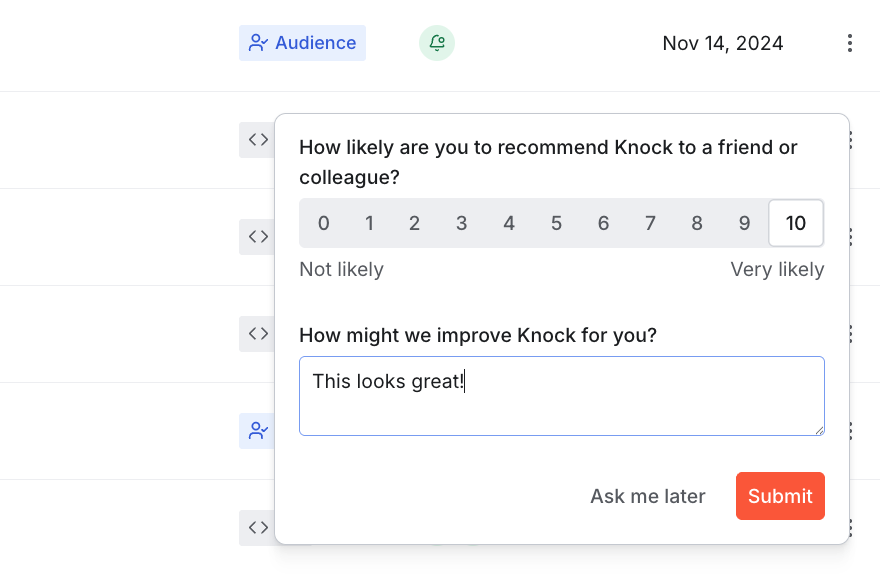 Knock’s NPS survey review request workflow