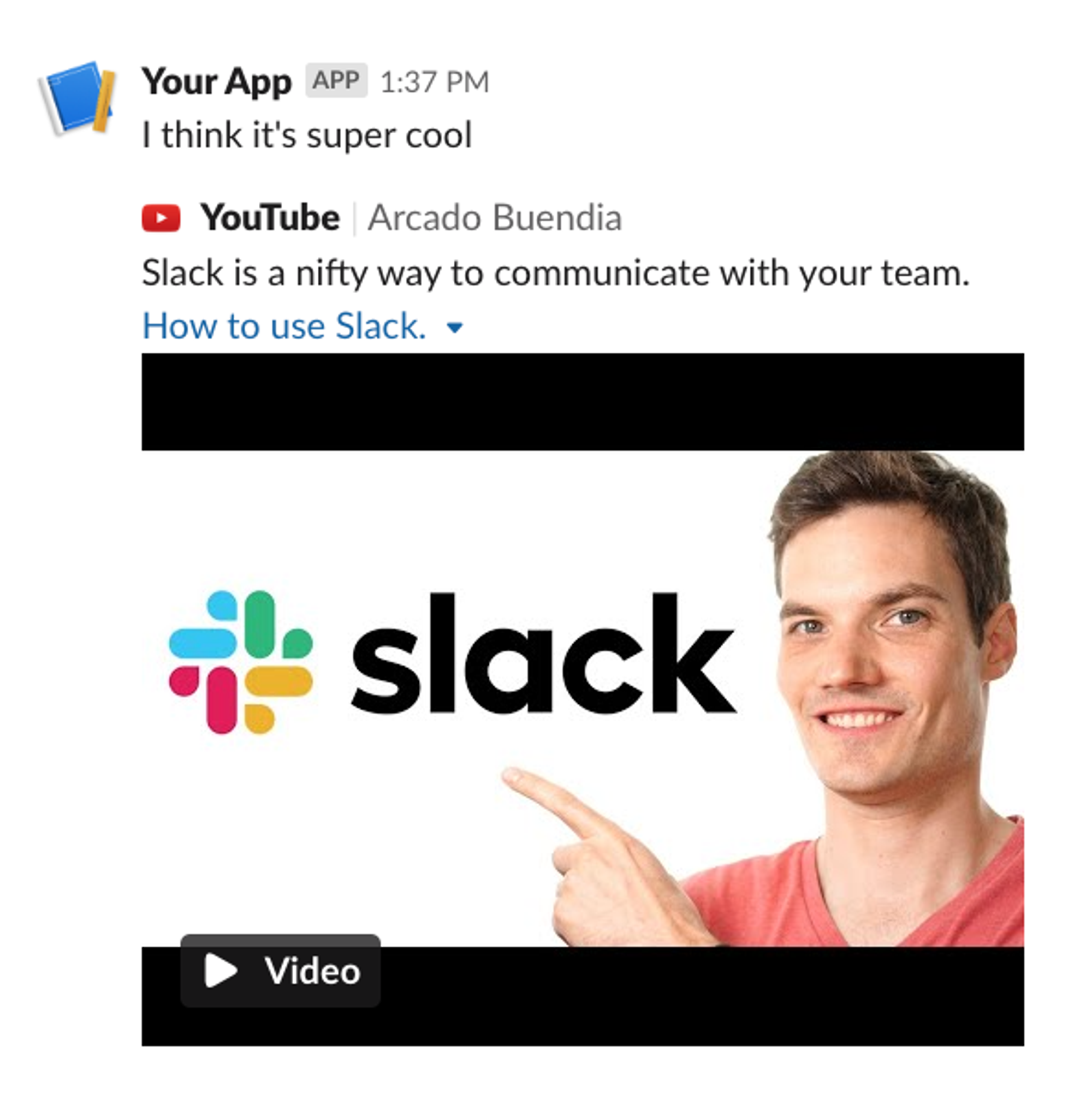 A Slack message with a video