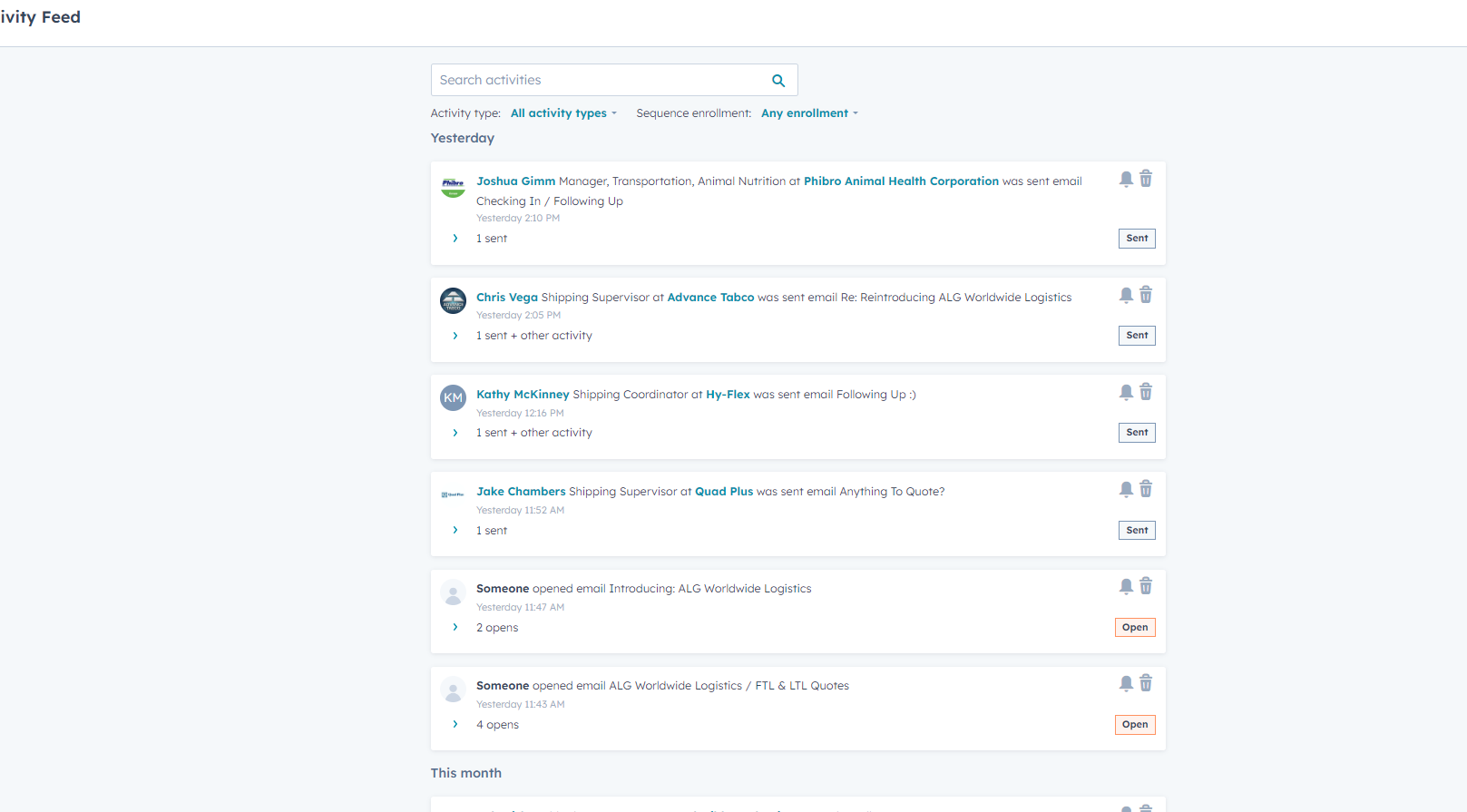 HubSpot activity feed