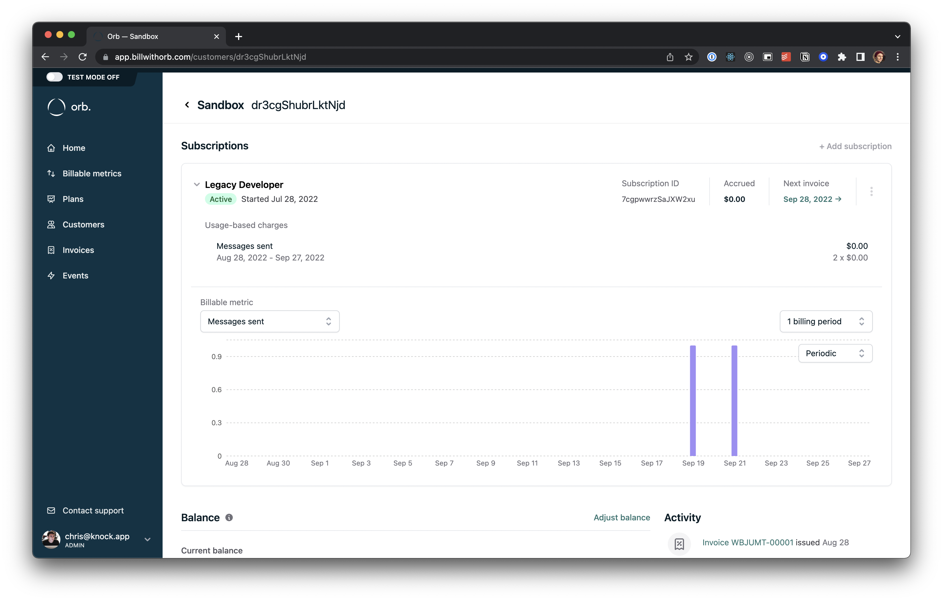 The Orb dashboard for managing subscriptions and seeing usage
