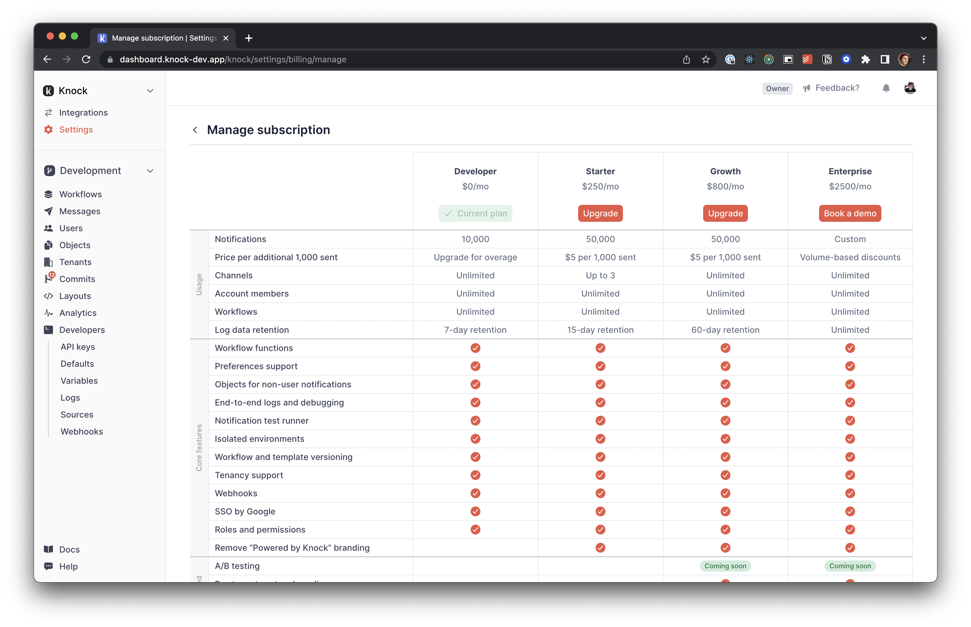 Our new billing management page in our dashboard