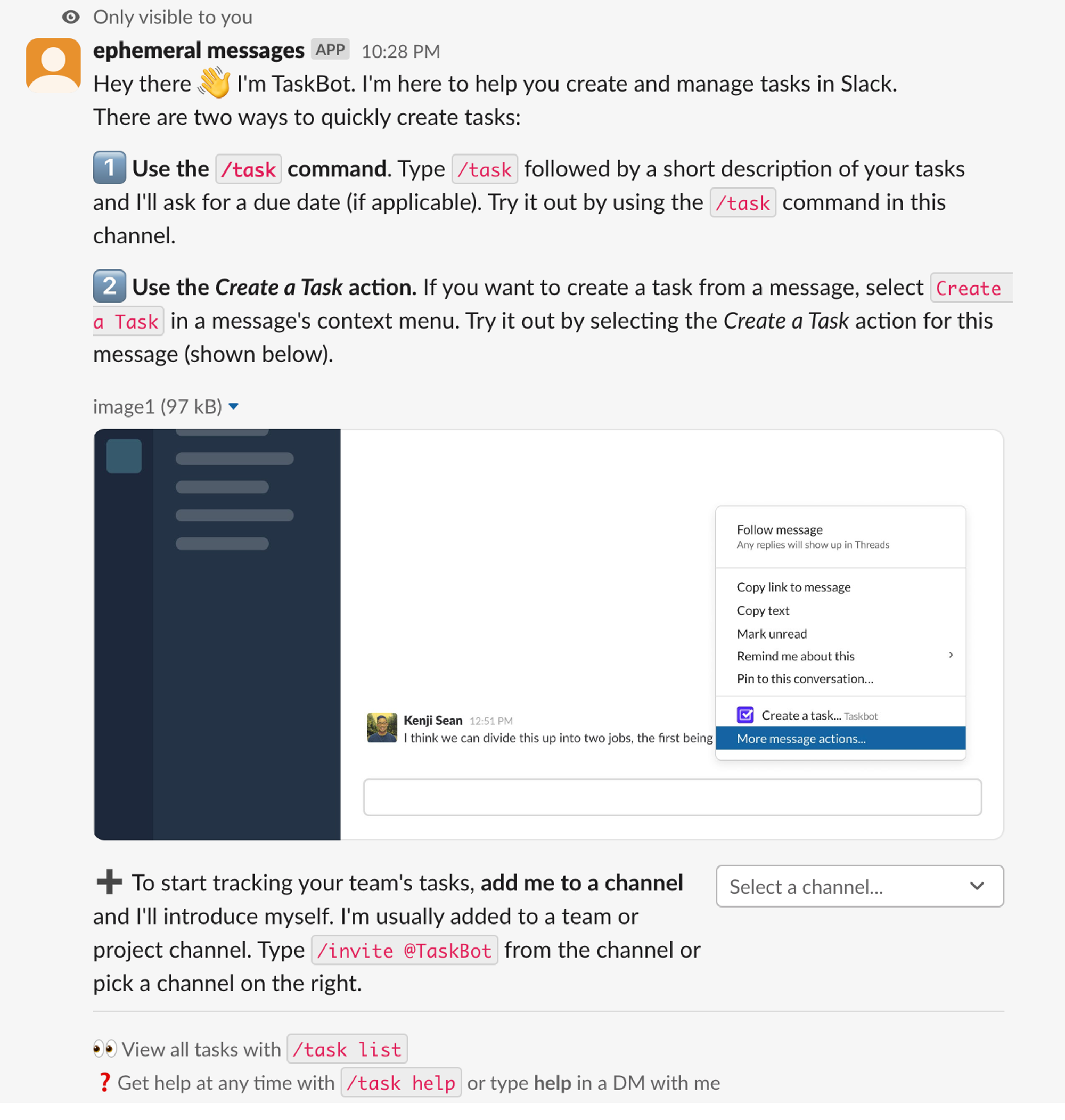 An example of a targeted notification in Slack using ephemeral messages