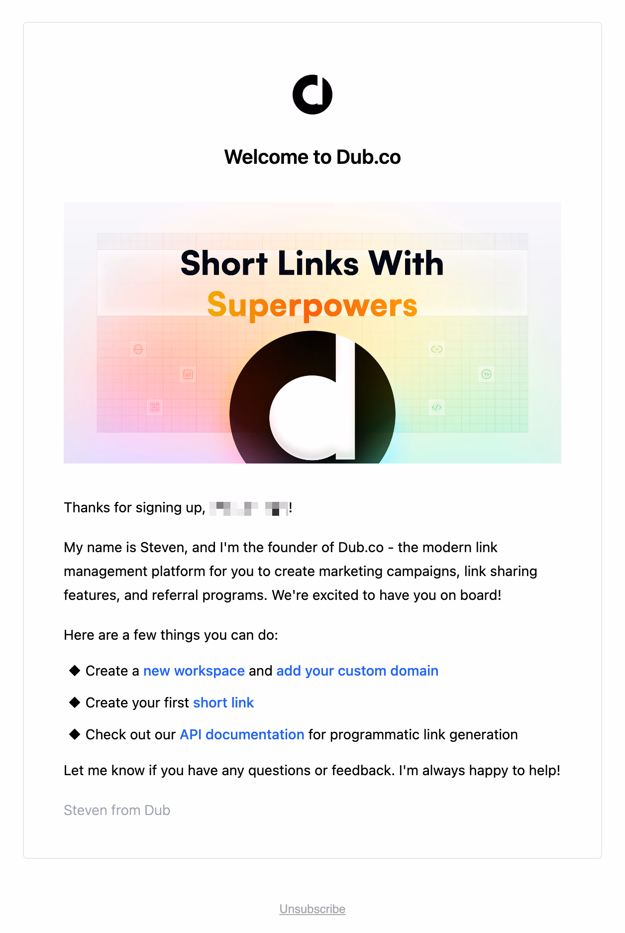 An example welcome email from Dub.co