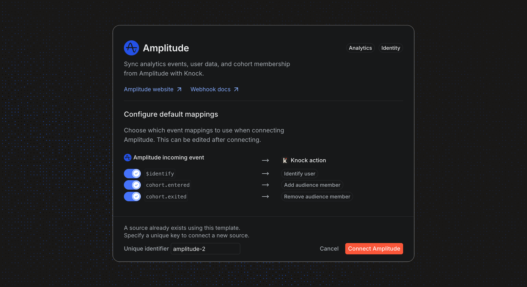 Default Amplitude event mappings in the Knock dashboard