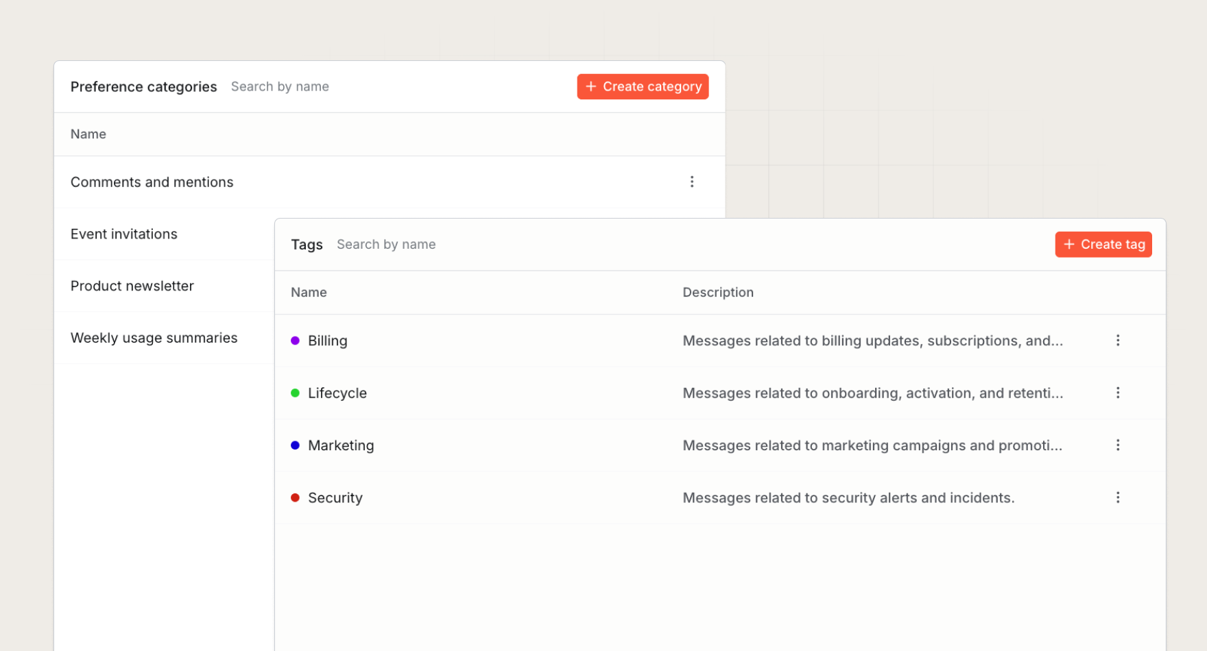 Category and tag management in the Knock dashboard