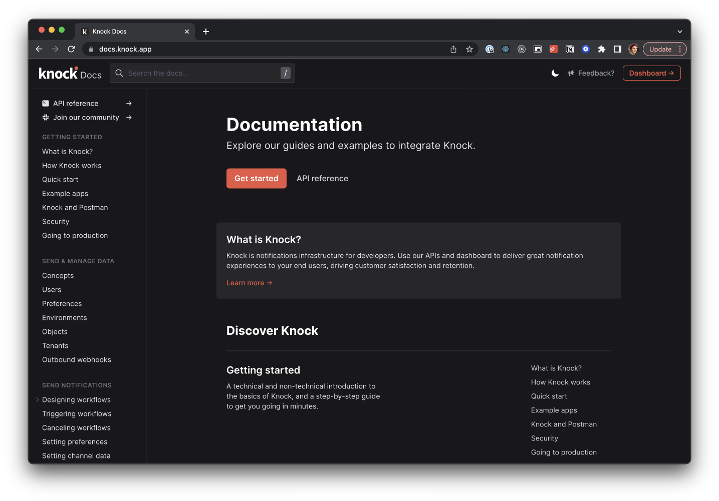 Dark mode applied to the Knock documentation