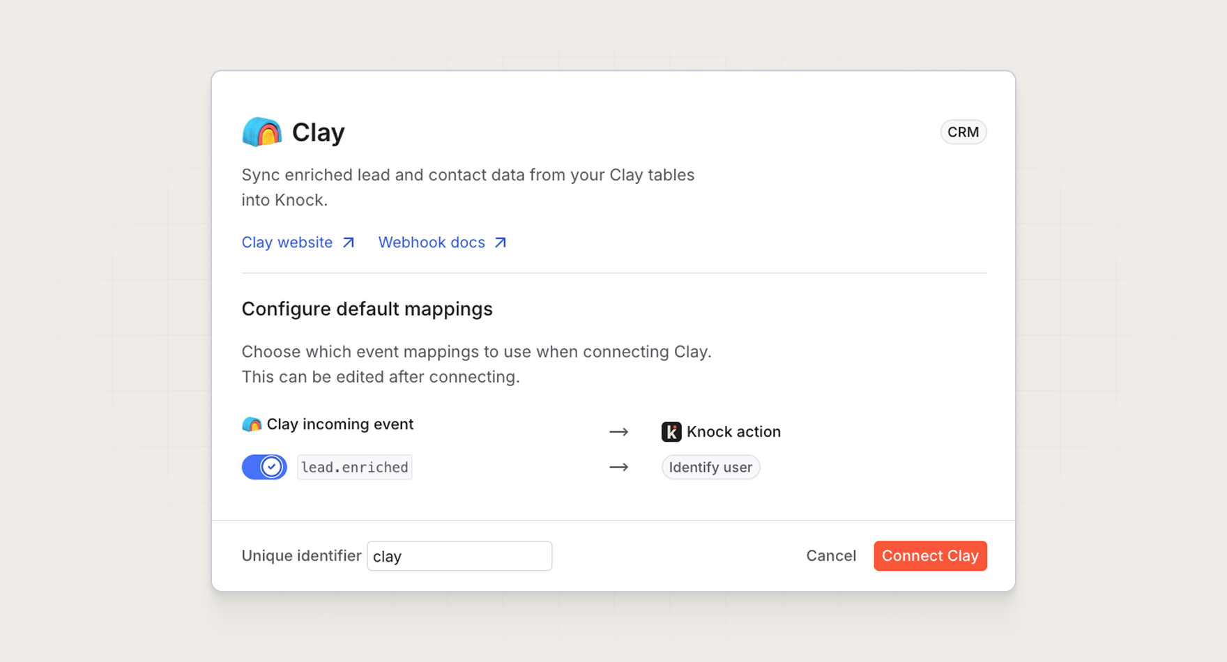 Default Clay event mappings in the Knock dashboard