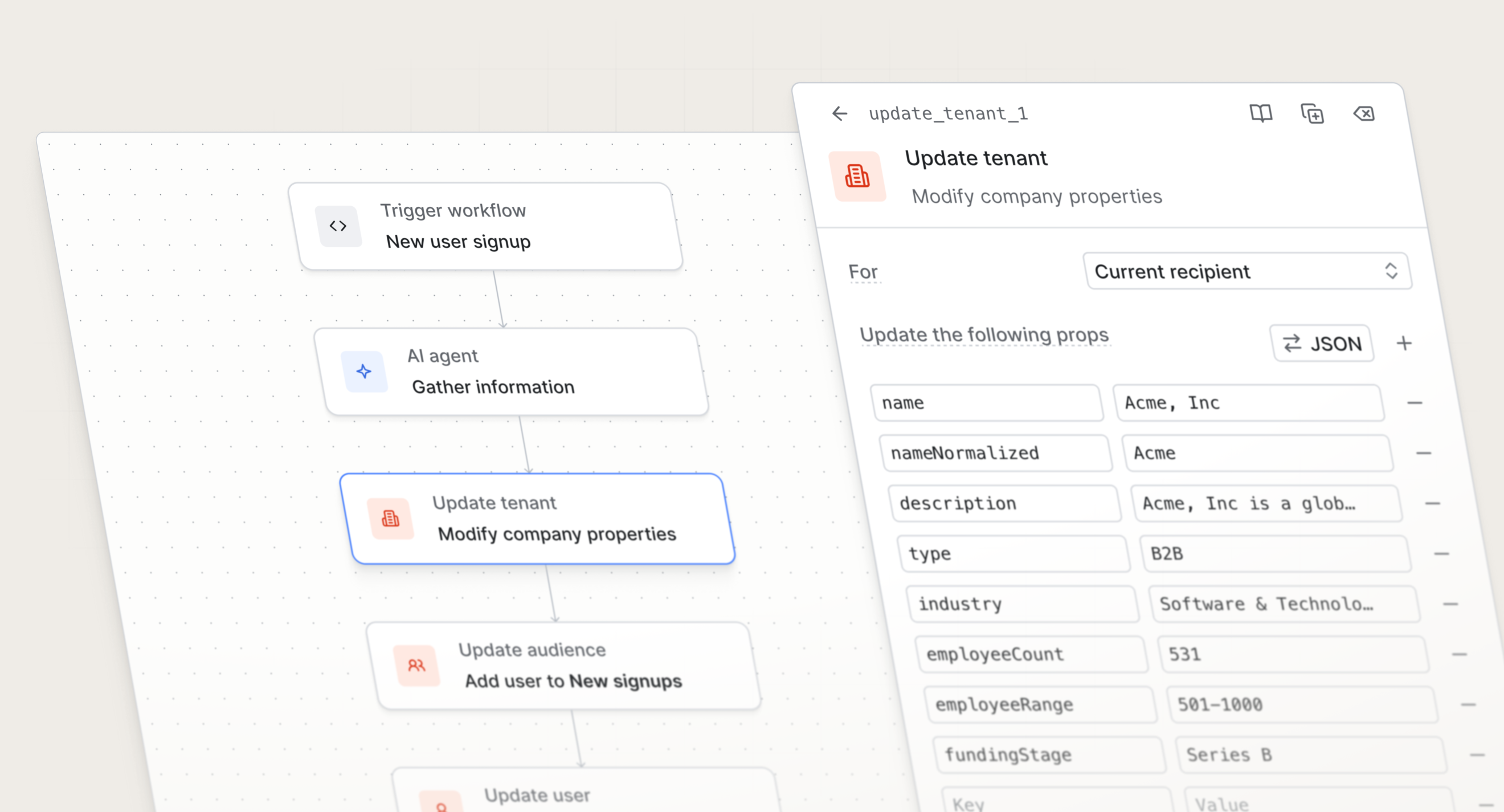 Data functions for updating users, tenants, objects, and audiences in a workflow