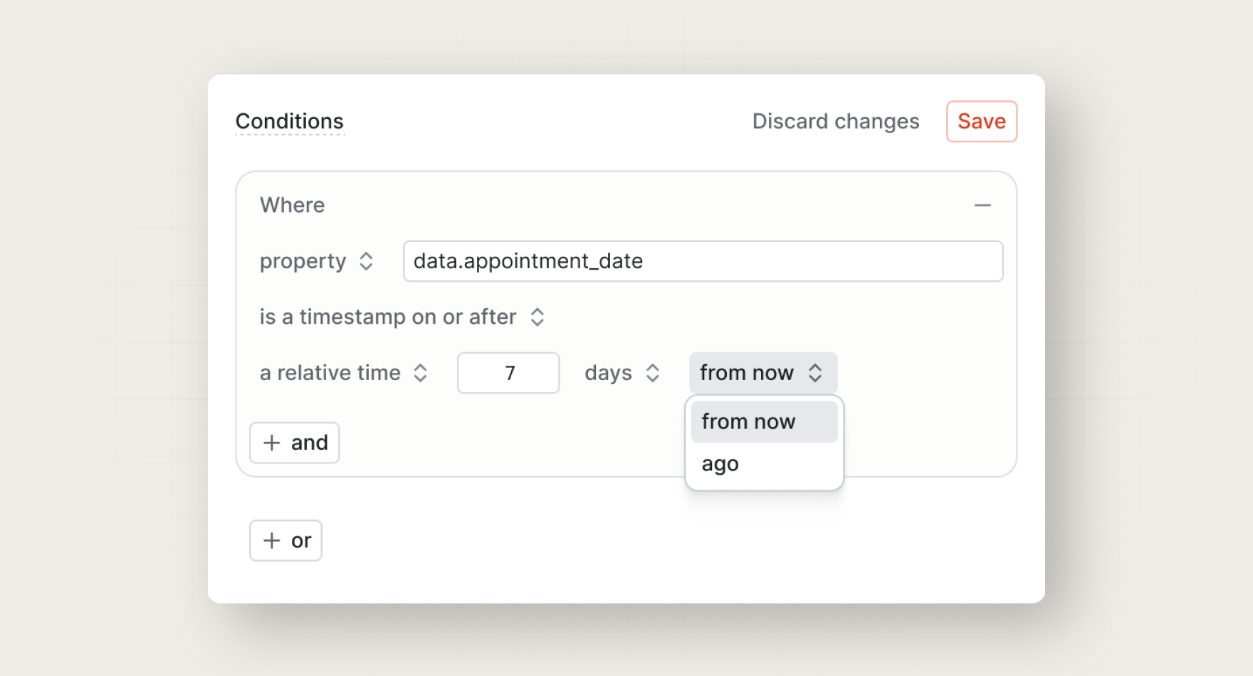 Datetime operators in the conditions builder