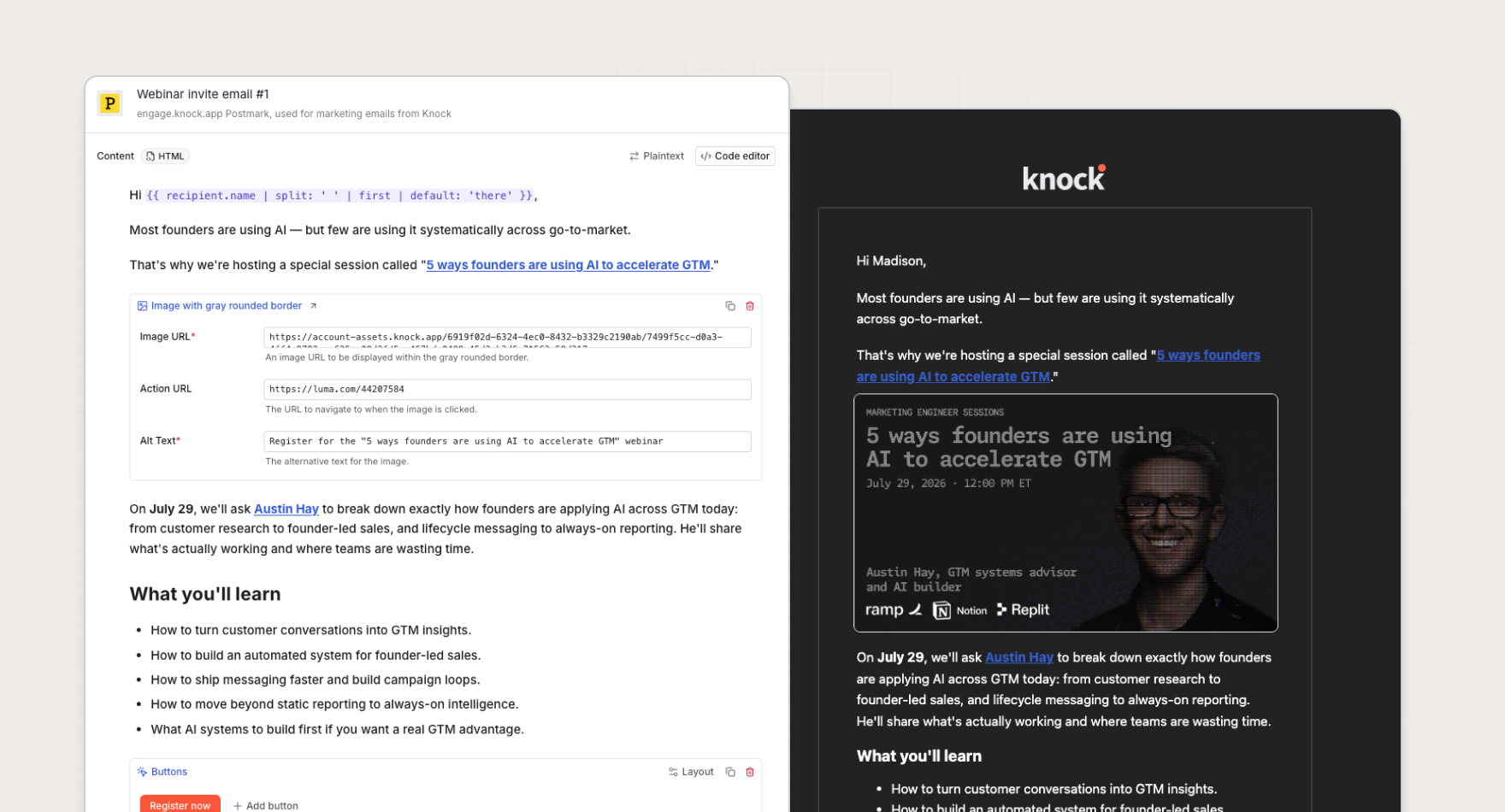The template editor with Liquid variables highlighted inline