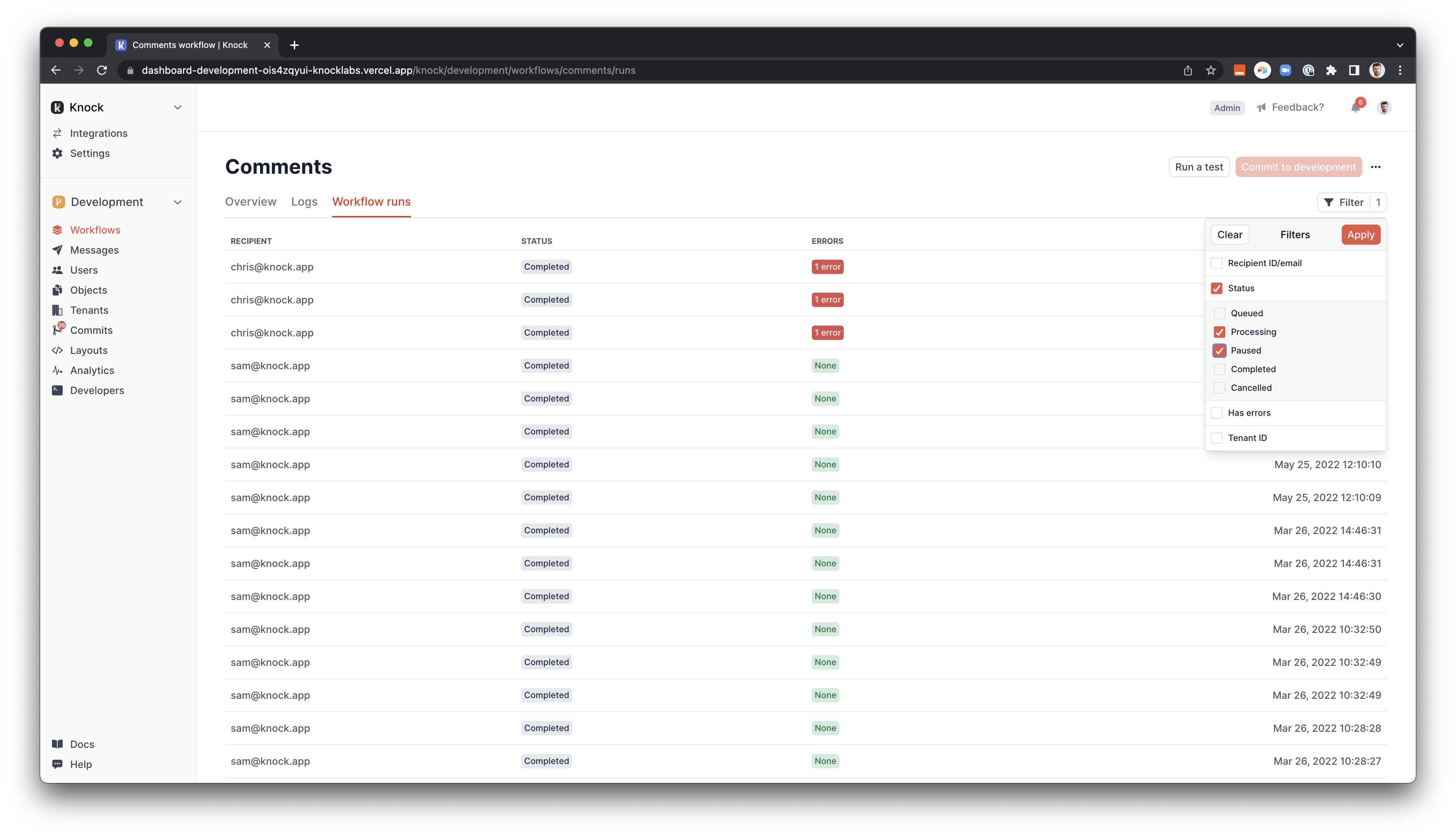 Workflow run view tab