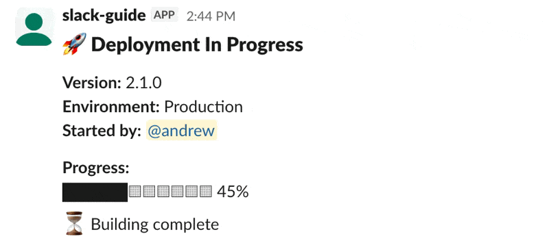 Message updates example showing how a single message changes over time