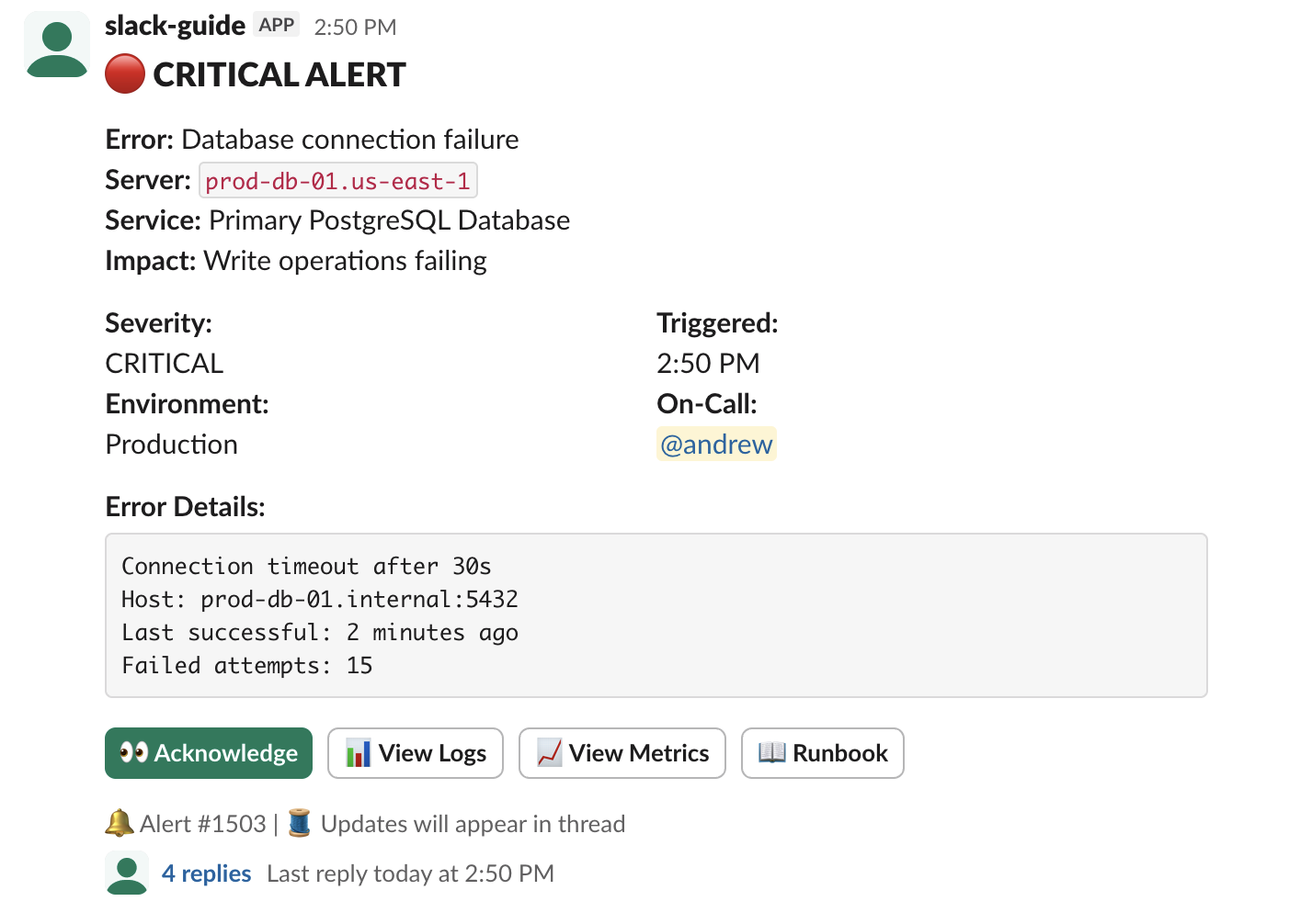 Error alerts and monitoring example showing how Slack notifications are used for critical alerts